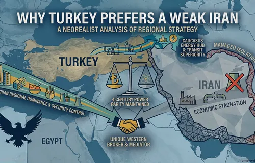Map graphic showing Turkey's regional gains in Syria, the Caucasus, and energy transit against Iran's economic stagnation and managed isolation.